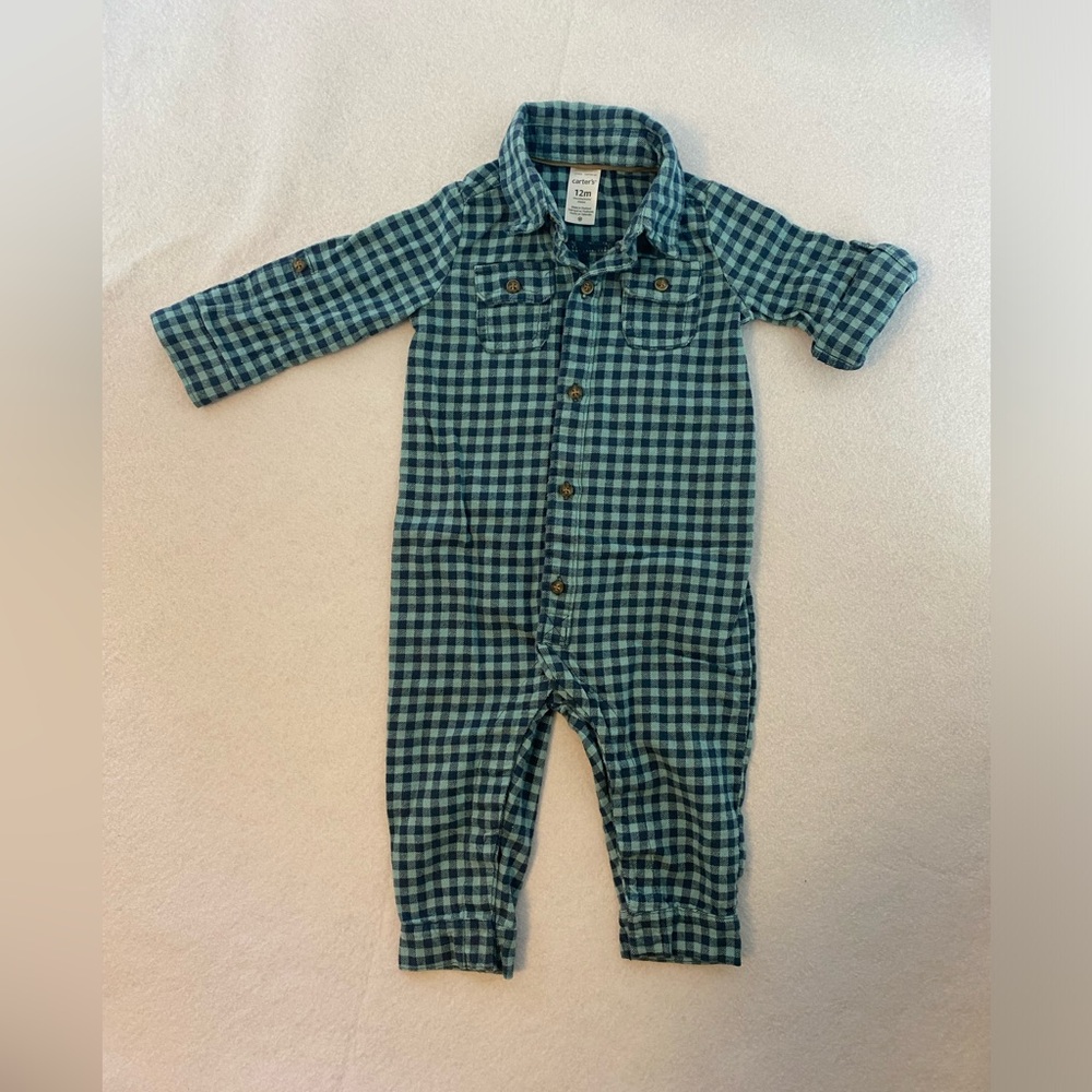 Carters 12m Baby Boy Flannel Checked Button Down Jumpsuit - Super Cute